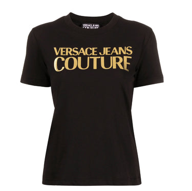Playera para mujer Versace Jeans Couture negra logo oro lentejuelas